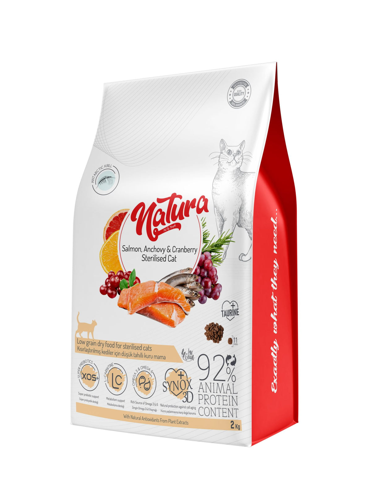 Natura Low Grain sterilizált macskáknak készült száraz macskatáp lazaccal, szardellával és vörös áfonyával