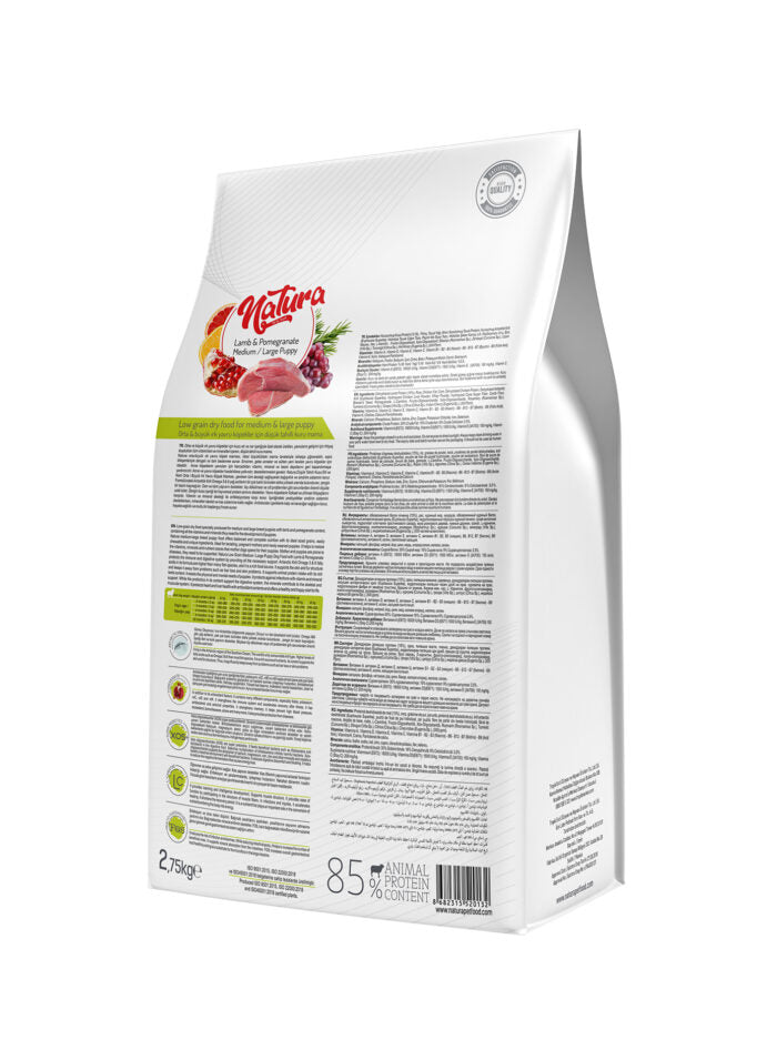 Puppy száraz táp kölyökkutyáknak – NATURA Low Grain Medium & Large – bárány és gránátalma, 2,75 kg