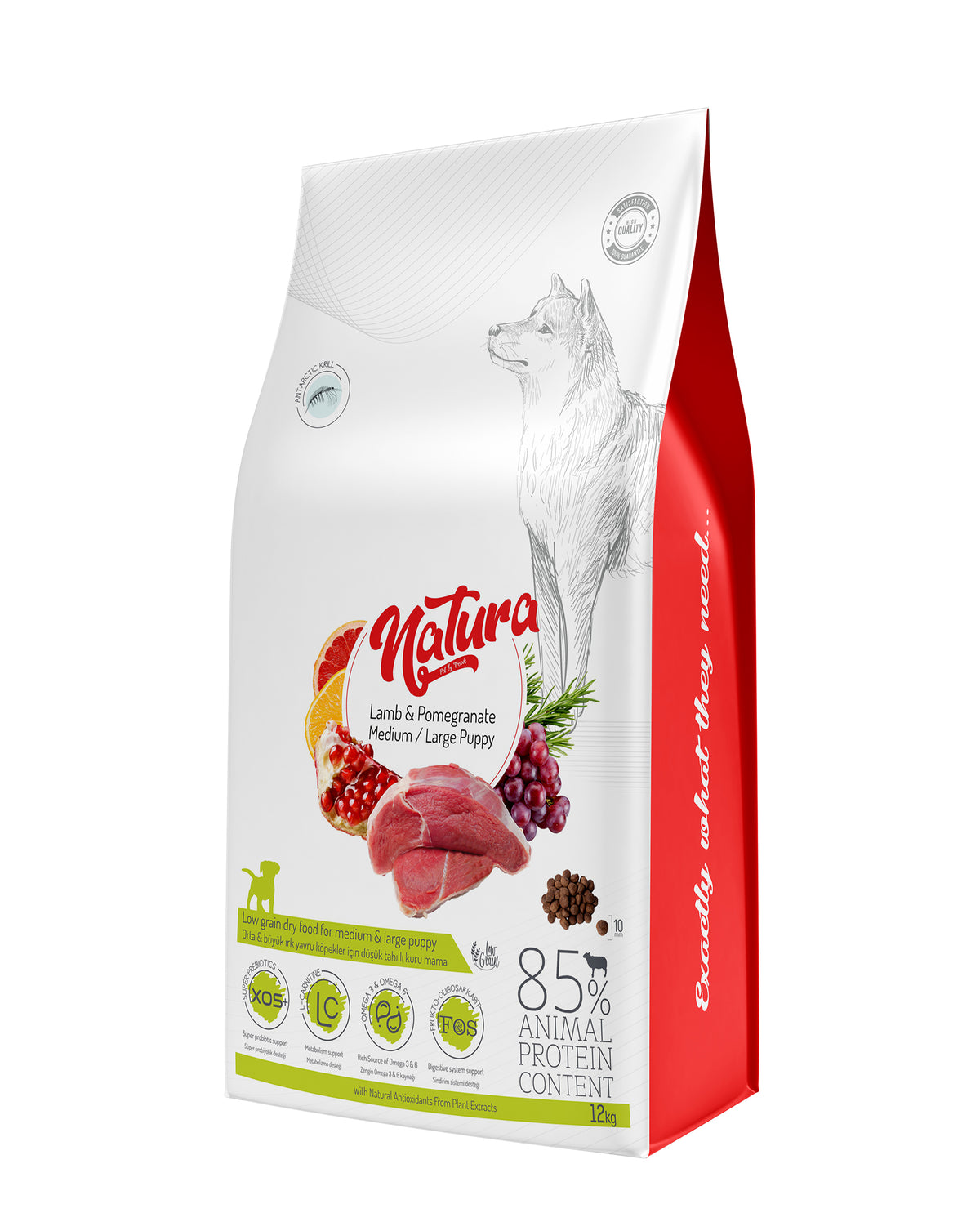 Száraztáp kölyökkutyáknak Puppy – NATURA Low Grain Medium & Large – bárány és gránátalma, 12 kg