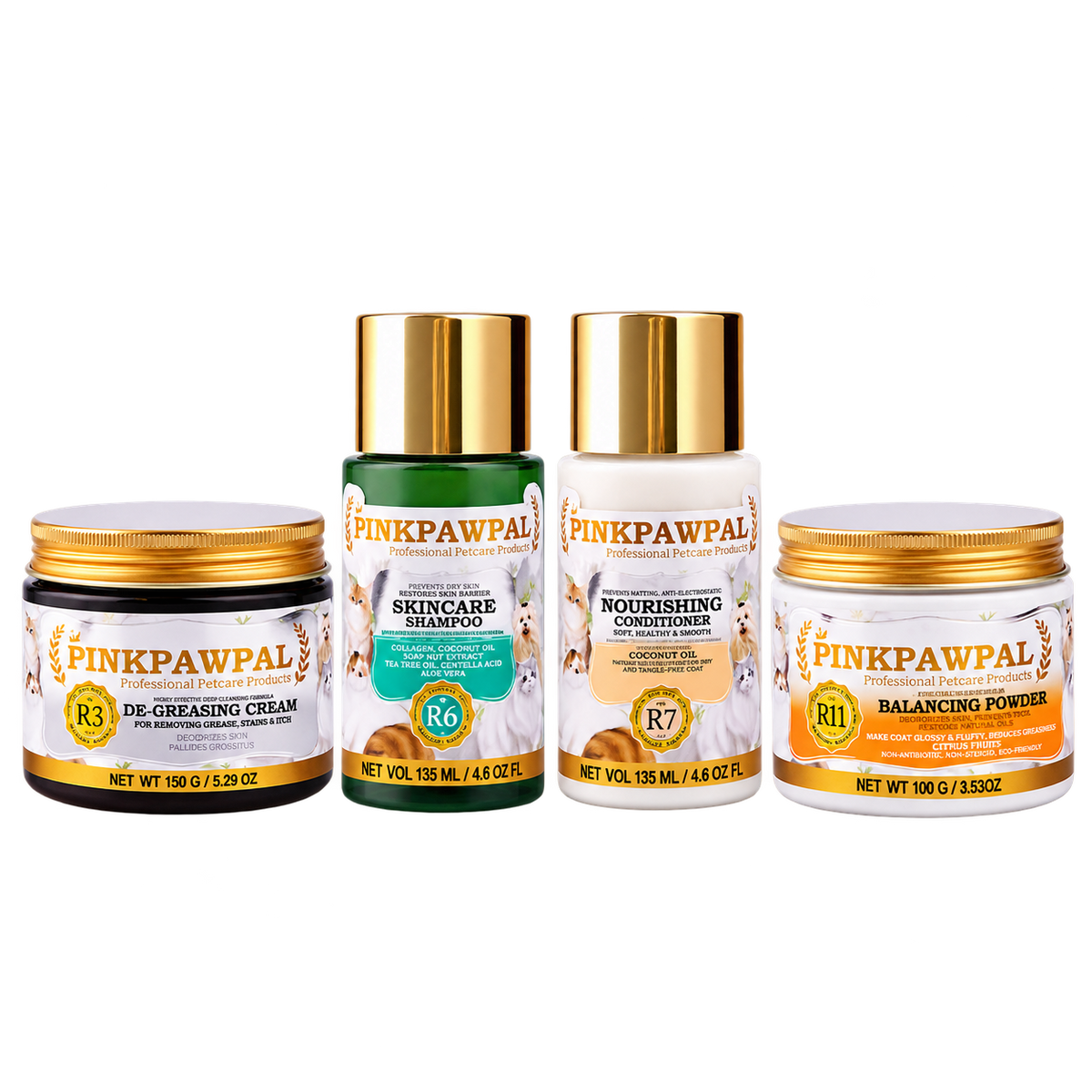 PinkPawPal Set Baie Completă – De-Greasing Cream 150 g + Skincare Shampoo 135 ml + Nourishing Conditioner 135 ml + Balancing Powder 100 g
