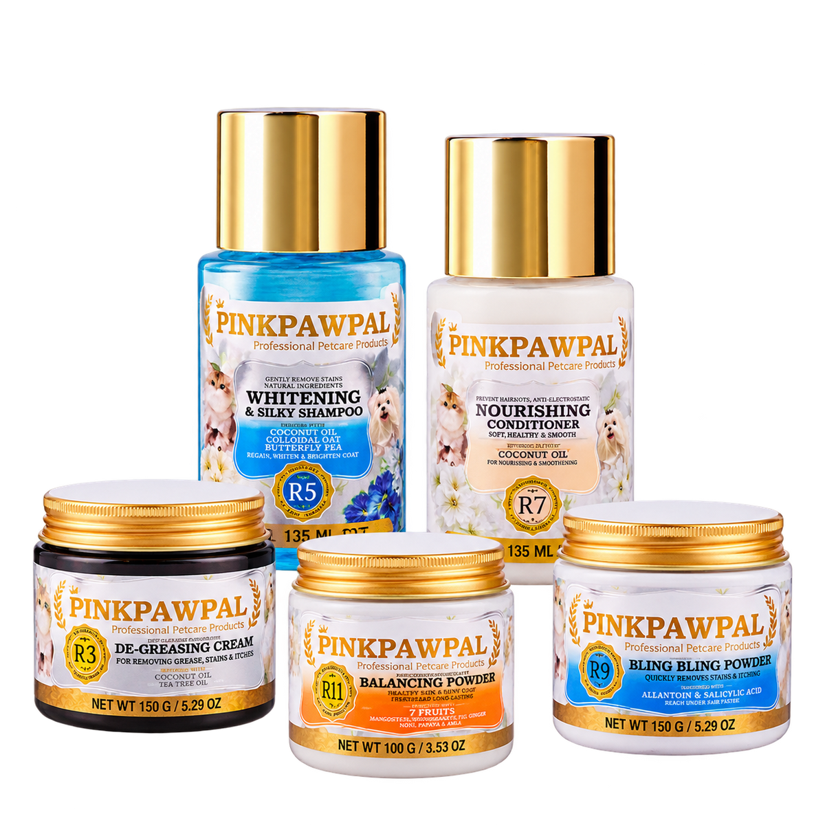 PinkPawPal Set Baie Completă Blană Albă – De-Greasing Cream 150 g + Whitening & Silky Shampoo 135 ml + Nourishing Conditioner 135 ml + Balancing Powder 100 g + Bling Bling Powder 150 g
