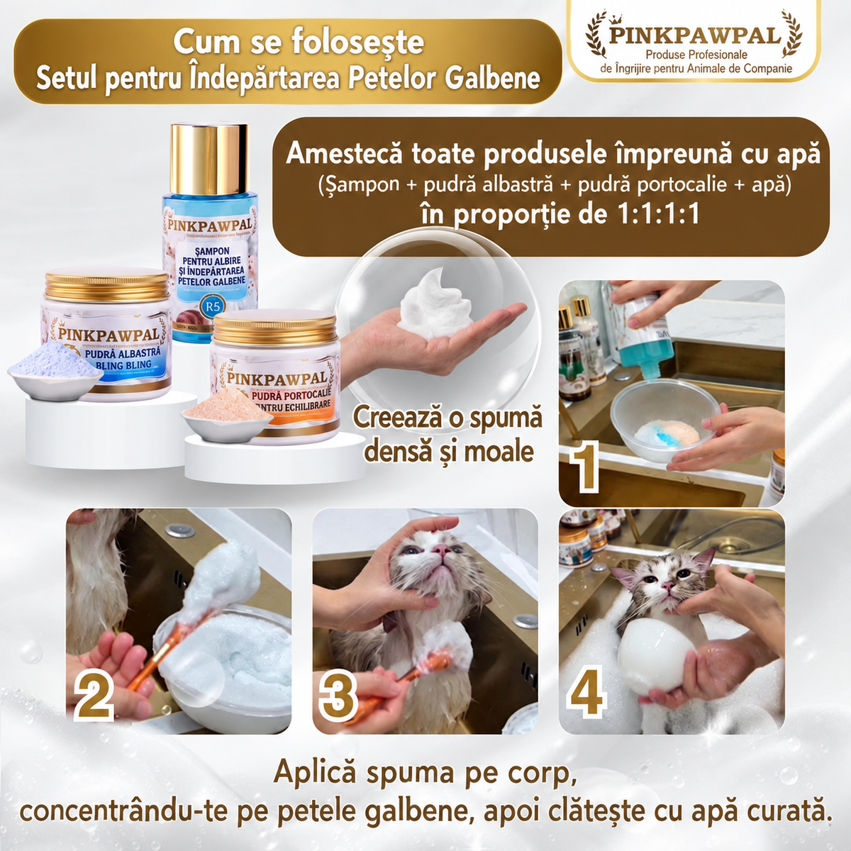 Cum se folosește setul PinkPawPal pentru îndepărtarea petelor galbene